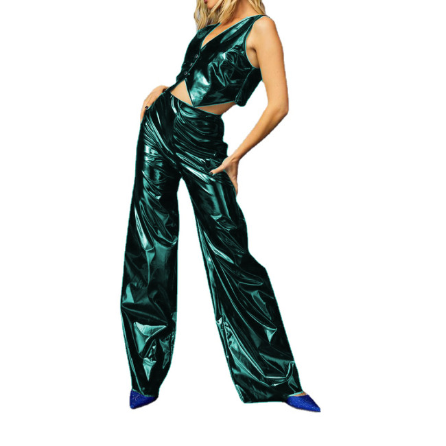 Sexy Club Wet Look PVC Pants Sets Buttons Tank Top and High Waist Flare Longs Pants Outfits Party Costumes Two Piece Sets Womens