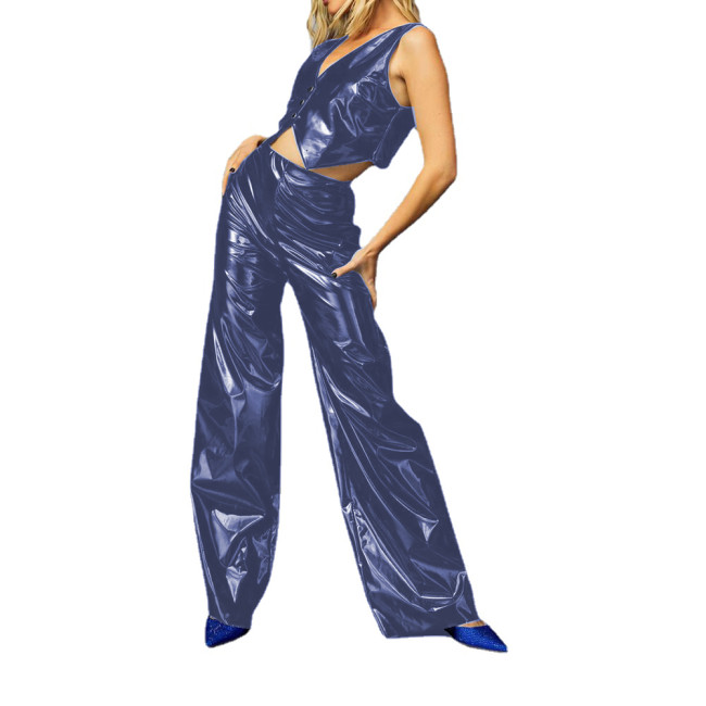 Sexy Club Wet Look PVC Pants Sets Buttons Tank Top and High Waist Flare Longs Pants Outfits Party Costumes Two Piece Sets Womens