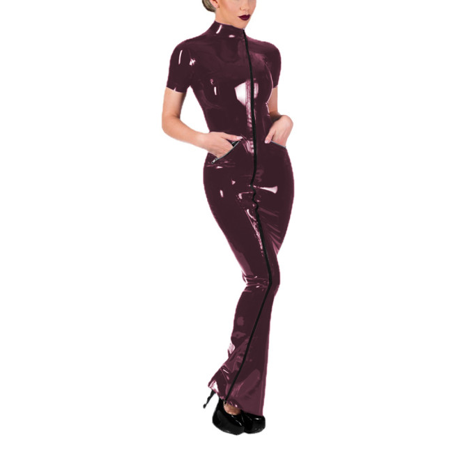 Elegant Vinyl PVC Leather Diagonal Zipper Long Pencil Dress Sissy Sexy Bodycon Pocket Decoration Hobble Dress Club Cocktail Gown