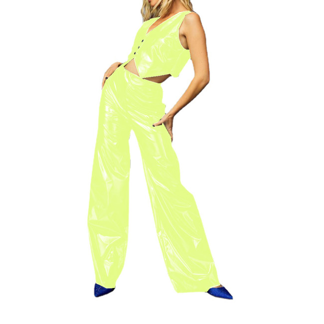Sexy Club Wet Look PVC Pants Sets Buttons Tank Top and High Waist Flare Longs Pants Outfits Party Costumes Two Piece Sets Womens