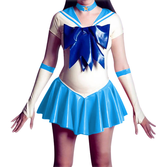 Sexy Sailor Japanese Anime Fancy Unifroms PVC Leather Mini Flared Cosplay Bodysuit Dress with Gloves Choker Halloween Party Sets