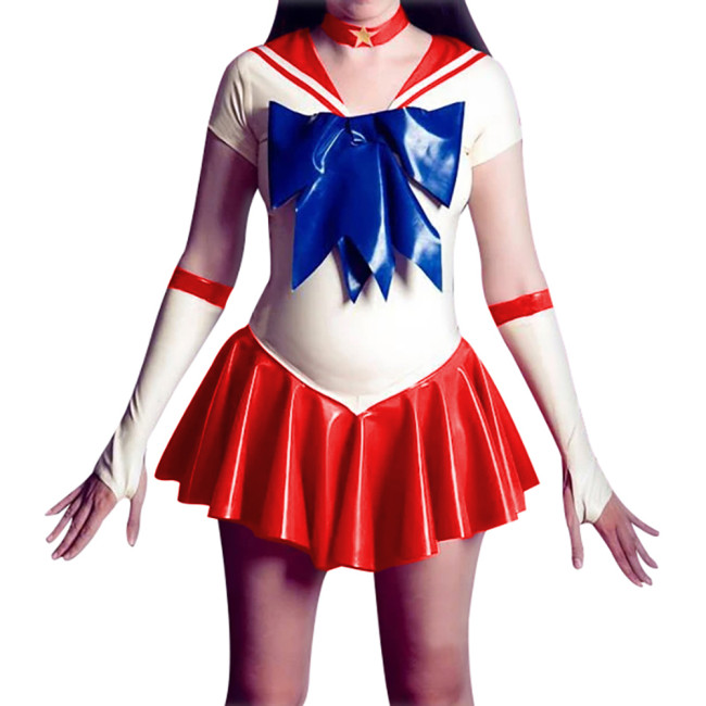 Sexy Sailor Japanese Anime Fancy Unifroms PVC Leather Mini Flared Cosplay Bodysuit Dress with Gloves Choker Halloween Party Sets