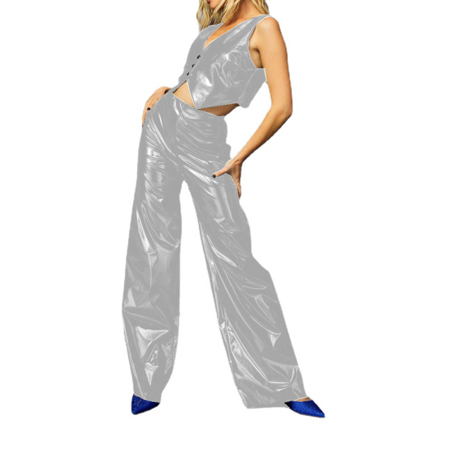 Sexy Club Wet Look PVC Pants Sets Buttons Tank Top and High Waist Flare Longs Pants Outfits Party Costumes Two Piece Sets Womens
