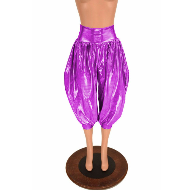 High Waist Hologram Laser Loose Exotic Midi Pants Womens Mens Capris Shiny Pumpkin Bloomer Pants Vinyl Knee-Length Bottom Shorts