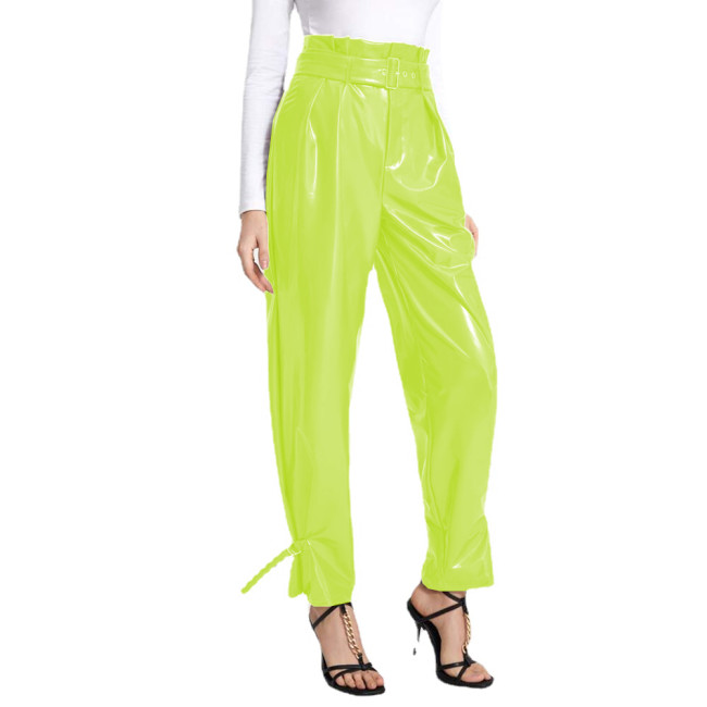 Women's Fashion Faux PVC Leather Pants High Waist Slim Pencil Trousers Office Ladies Belted Straight Pants Streetwear Clubwear