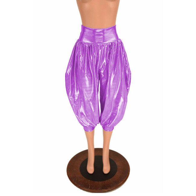 High Waist Hologram Laser Loose Exotic Midi Pants Womens Mens Capris Shiny Pumpkin Bloomer Pants Vinyl Knee-Length Bottom Shorts