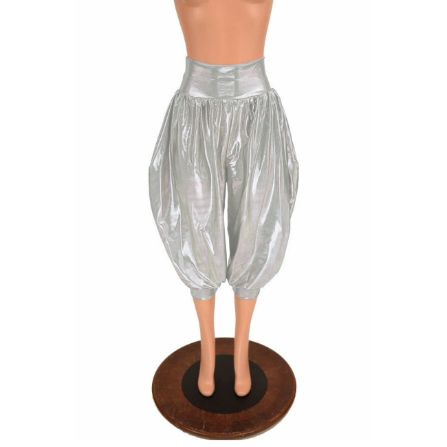 High Waist Hologram Laser Loose Exotic Midi Pants Womens Mens Capris Shiny Pumpkin Bloomer Pants Vinyl Knee-Length Bottom Shorts