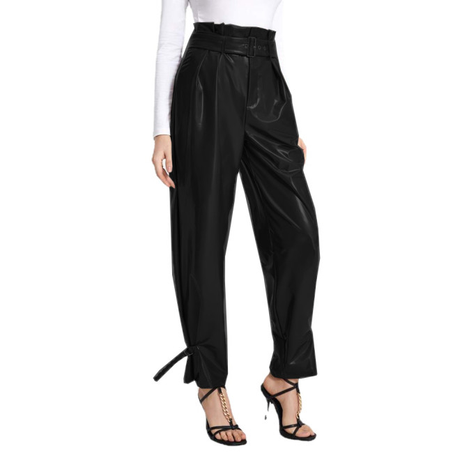 Women's Fashion Faux PVC Leather Pants High Waist Slim Pencil Trousers Office Ladies Belted Straight Pants Streetwear Clubwear