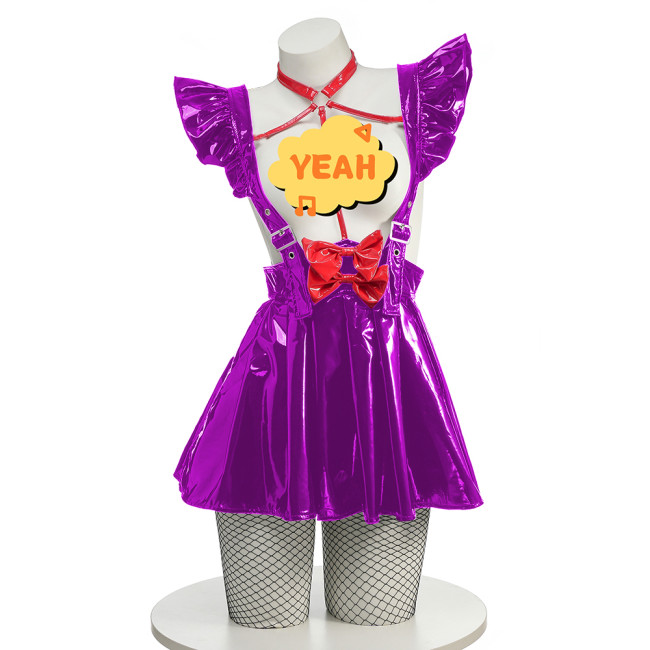 Lolita Shiny PVC Leather Suspender Skirt Vinyl Red Bow Strap Halter Dress Punk Backless Mini A-line Dress Anime Cosplay Outfits