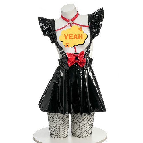 Lolita Shiny PVC Leather Suspender Skirt Vinyl Red Bow Strap Halter Dress Punk Backless Mini A-line Dress Anime Cosplay Outfits