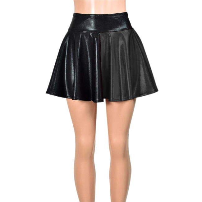 High Waist Vinyl Flared Pleated A-line Skirt Shiny Metallic Paux Leather Black Patchwork Mini Skater Skirts Goth Sexy Club 7XL