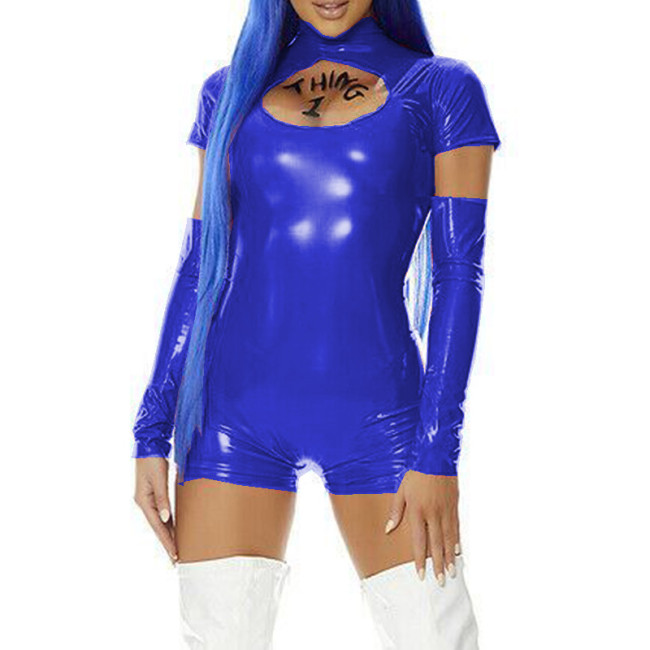 Vestidos Wet Look PVC Sexy Women Short Sleeve Hollow out Chest Playsuits With Gloves Faux Latex Sheath Rompers Party Clubwear