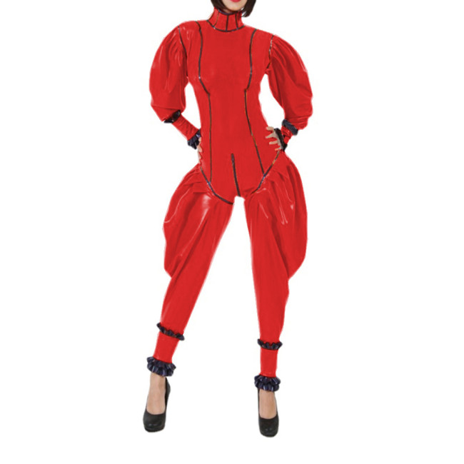 Sexy Wet Look Glossy PVC Puff Sleeve Long Sleeve Jumpsuits Rompers Cosplay Trousers Catsuits Costumes Club Outfits for Women
