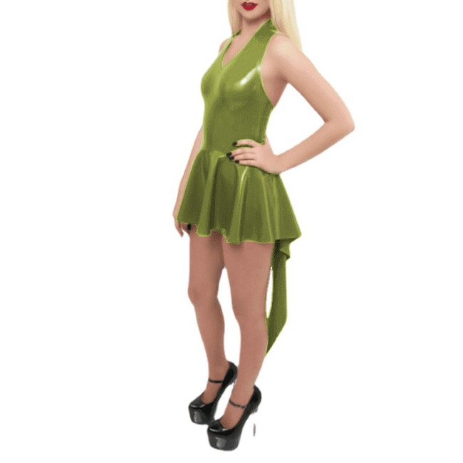 Wet Look PVC Sleeveless Halter Neck Irregular Hem Mini Skirt Dress Asymmetric Tail Dress Party Club High Street Vestidos S-7XL