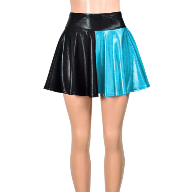 High Waist Vinyl Flared Pleated A-line Skirt Shiny Metallic Paux Leather Black Patchwork Mini Skater Skirts Goth Sexy Club 7XL