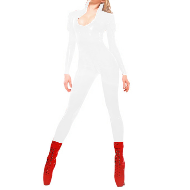 Women Long Sleeve Wet Look PVC Skinny Catsuit Round Neck Ruffles Faux Latex Jumpsuit Costumes Party Clubwear Night S-7XL