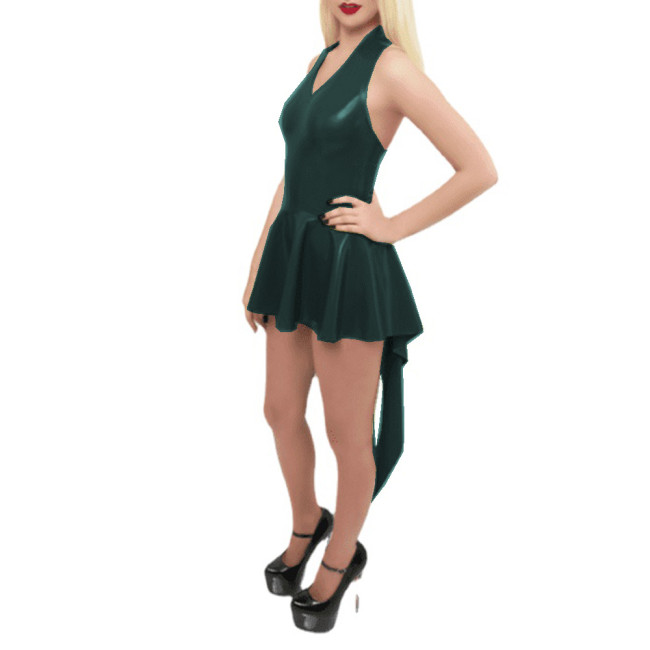 Wet Look PVC Sleeveless Halter Neck Irregular Hem Mini Skirt Dress Asymmetric Tail Dress Party Club High Street Vestidos S-7XL
