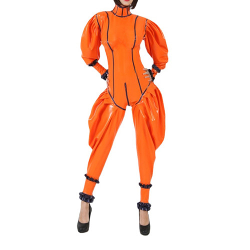 Sexy Wet Look Glossy PVC Puff Sleeve Long Sleeve Jumpsuits Rompers Cosplay Trousers Catsuits Costumes Club Outfits for Women