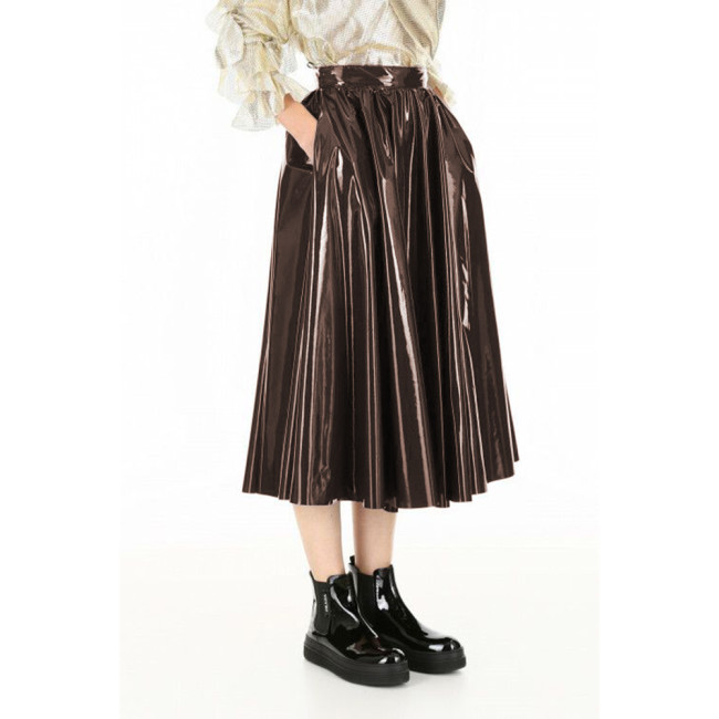 Vinyl PVC Leather Midi Skirts Elegant Ladies Casual A-line Skirts Autumn Fashion Streetwear Female High Waist Swing Skater Skirt