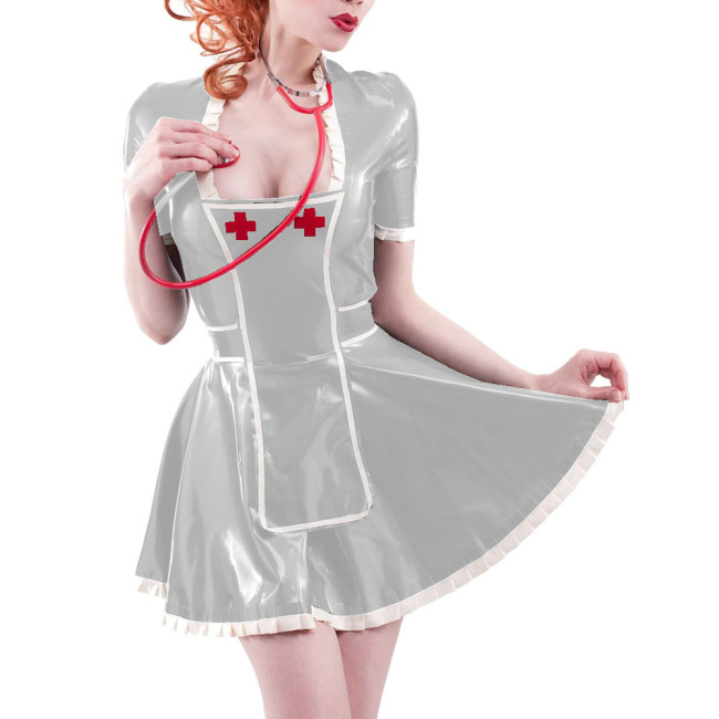 Sexy Patchwork PVC Nurse Short Sleeve Slim Skater Skirt Dress with Apron Faux Latex Nurse Dress Party Cosplay Uniforms Outfits