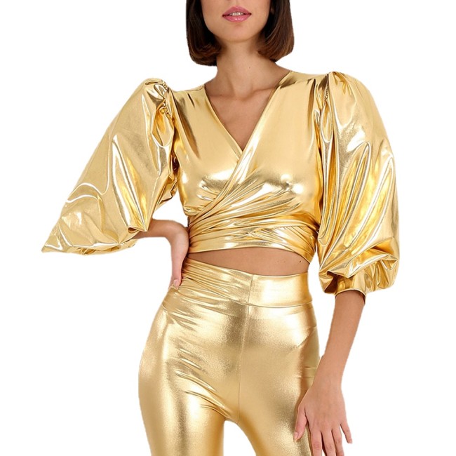 Sexy Womens Cross Wrap V Neck Crop Top Female Shiny Metallic Puff Half Sleeve T-shirt Tops Vinyl Rave Party Clubwear Streetwear