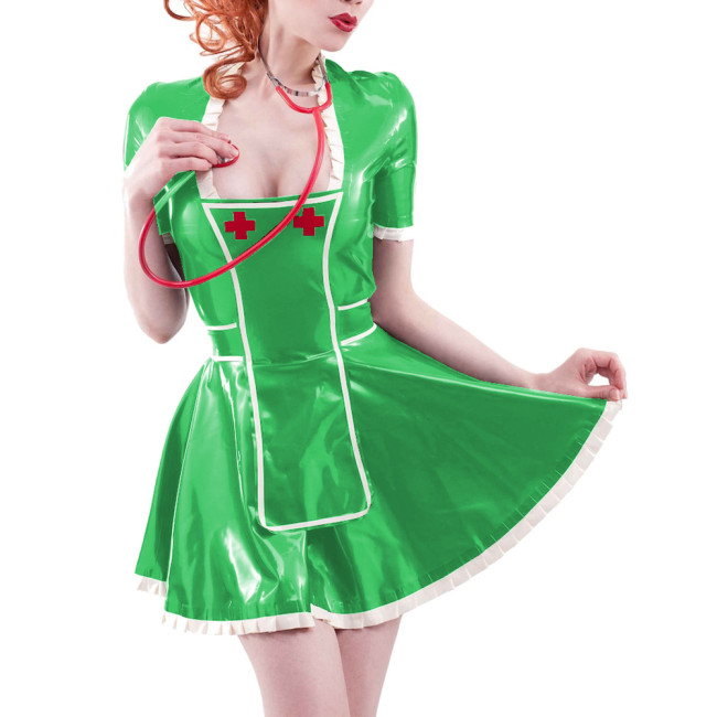 Sexy Patchwork PVC Nurse Short Sleeve Slim Skater Skirt Dress with Apron Faux Latex Nurse Dress Party Cosplay Uniforms Outfits