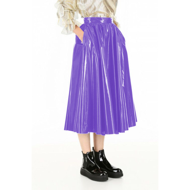Vinyl PVC Leather Midi Skirts Elegant Ladies Casual A-line Skirts Autumn Fashion Streetwear Female High Waist Swing Skater Skirt