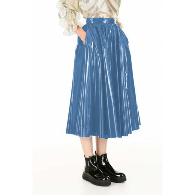 Vinyl PVC Leather Midi Skirts Elegant Ladies Casual A-line Skirts Autumn Fashion Streetwear Female High Waist Swing Skater Skirt