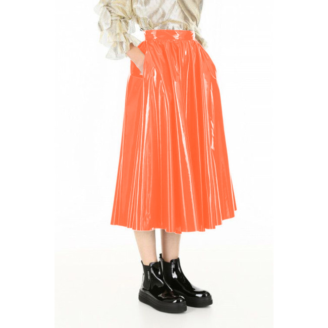 Vinyl PVC Leather Midi Skirts Elegant Ladies Casual A-line Skirts Autumn Fashion Streetwear Female High Waist Swing Skater Skirt