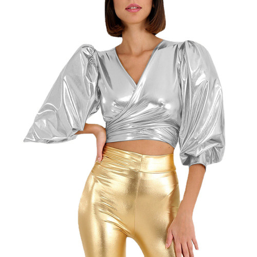 Sexy Womens Cross Wrap V Neck Crop Top Female Shiny Metallic Puff Half Sleeve T-shirt Tops Vinyl Rave Party Clubwear Streetwear