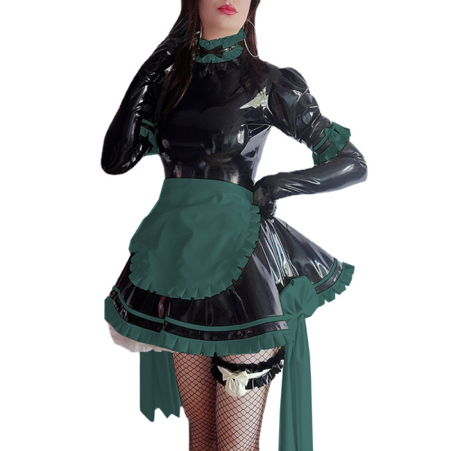 Sissy Lolita PVC Shiny Short Sleeve Mini A-line Maid Dress Wet Look Ruffles Big Bow Cosplay Maid Uniforms Unisex Maid Outfits