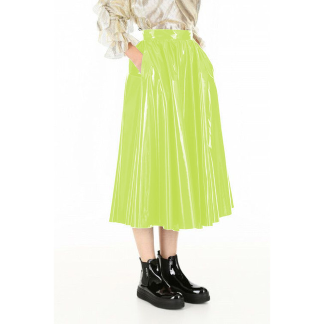 Vinyl PVC Leather Midi Skirts Elegant Ladies Casual A-line Skirts Autumn Fashion Streetwear Female High Waist Swing Skater Skirt