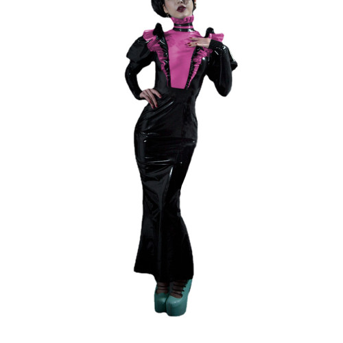 Gothic Sexy Patchwork See Through PVC Long Mermaid Dress Turtleneck Black Club Party Ruffles Long Sleeve Bodycon Dress Clubwear