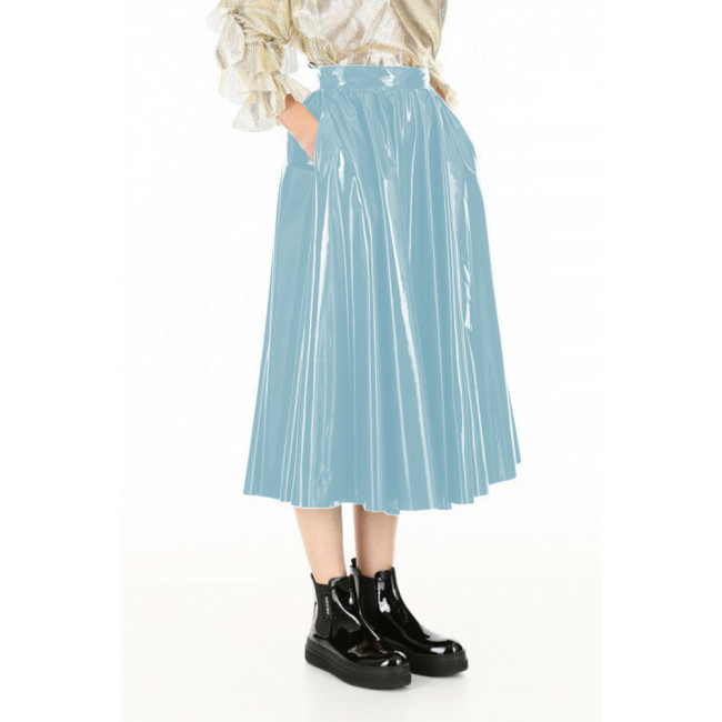 Vinyl PVC Leather Midi Skirts Elegant Ladies Casual A-line Skirts Autumn Fashion Streetwear Female High Waist Swing Skater Skirt