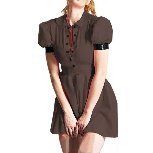 Sweet Preppy Style Peter Pan Collar Button Up PVC Shiny A-line Dress Womens Elegant Puff Short Sleeve Pleated Mini Dress 7XL