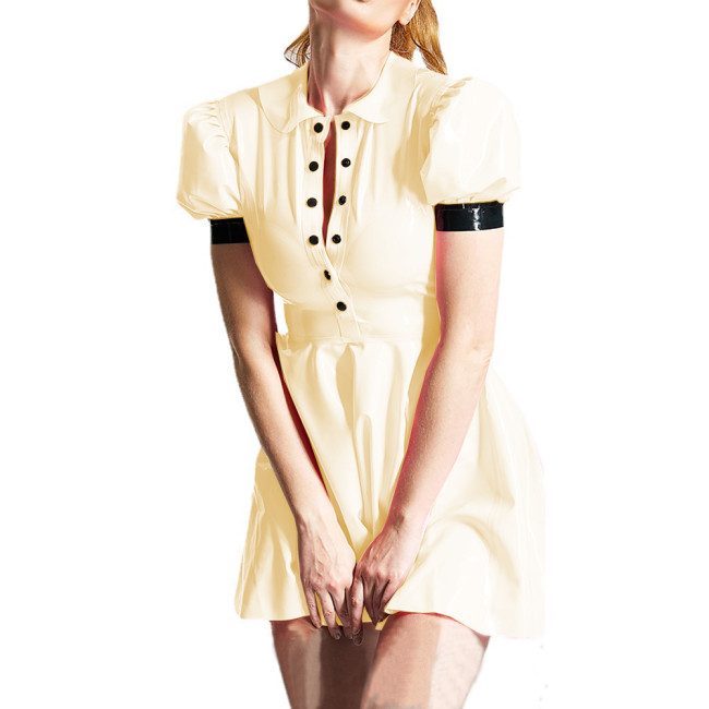 Sweet Preppy Style Peter Pan Collar Button Up PVC Shiny A-line Dress Womens Elegant Puff Short Sleeve Pleated Mini Dress 7XL
