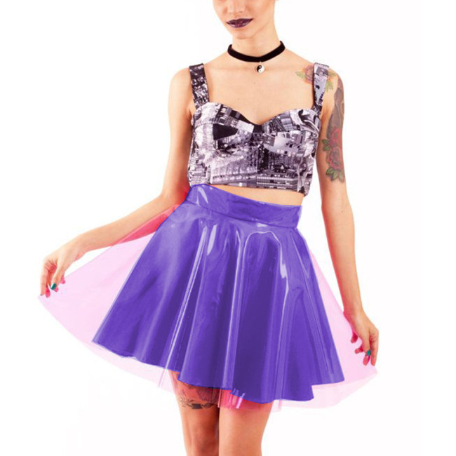 Transparent PVC Patchwork Double Layer Pleated Mini Skirts Punk Girls High Waist Candy Color Ball Gown Skirt Vinyl Club Outfits