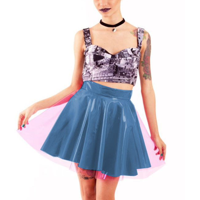 Transparent PVC Patchwork Double Layer Pleated Mini Skirts Punk Girls High Waist Candy Color Ball Gown Skirt Vinyl Club Outfits