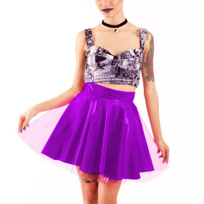 Transparent PVC Patchwork Double Layer Pleated Mini Skirts Punk Girls High Waist Candy Color Ball Gown Skirt Vinyl Club Outfits