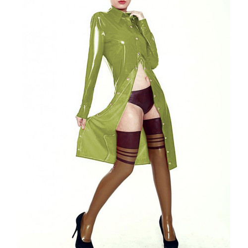 Sexy Turn-down Long Slim Jacket Trench Faux Latex Full Sleeve Buttons Wetlook PVC Coat Costumes Party Club Women's Clothing