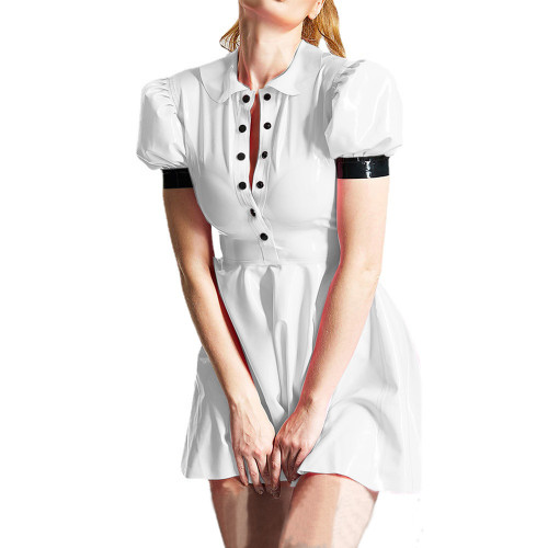 Sweet Preppy Style Peter Pan Collar Button Up PVC Shiny A-line Dress Womens Elegant Puff Short Sleeve Pleated Mini Dress 7XL
