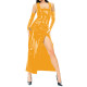 Sexy Sheath Square Neck Bodycon Ankle Length Dress Women Vinyl PVC Zipper Split Tank Long Dress With Fingerless Gloves Fetish