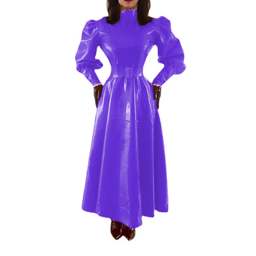 Faux Latex Long Dress with Belt Party Club Office Lady Streetwear Wetlook PVC High Collar Full Sleeve Puff Sleeve Maxi Dress