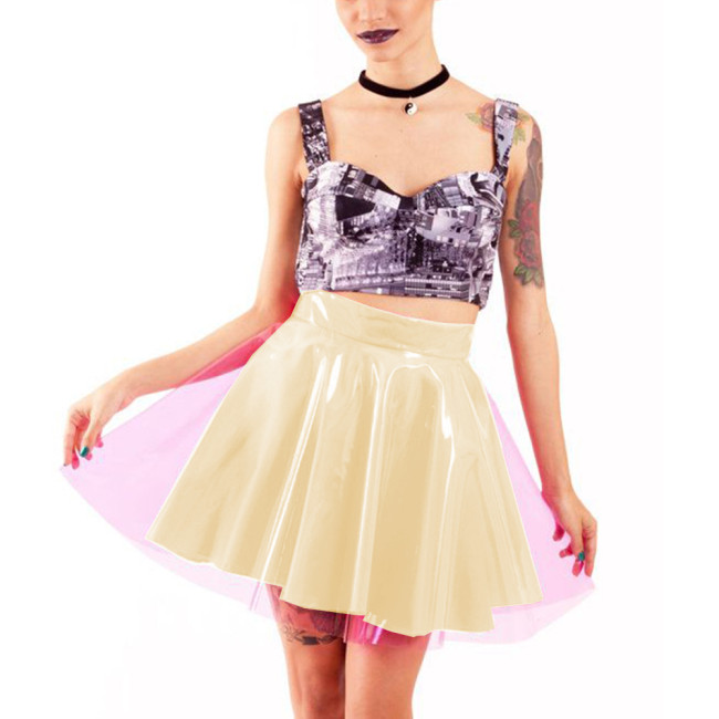 Transparent PVC Patchwork Double Layer Pleated Mini Skirts Punk Girls High Waist Candy Color Ball Gown Skirt Vinyl Club Outfits