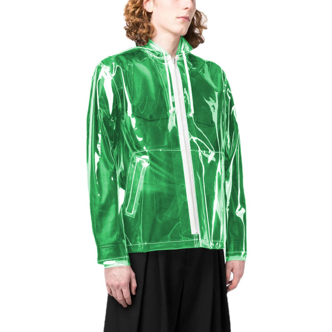 Fashion Mens Autumn Transparent Clear PVC Hooded Jacket Male Pocket See Through Hip Hop Jackets Streetwear Fetish Plastic Coats