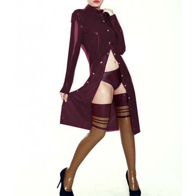 Sexy Turn-down Long Slim Jacket Trench Faux Latex Full Sleeve Buttons Wetlook PVC Coat Costumes Party Club Women's Clothing