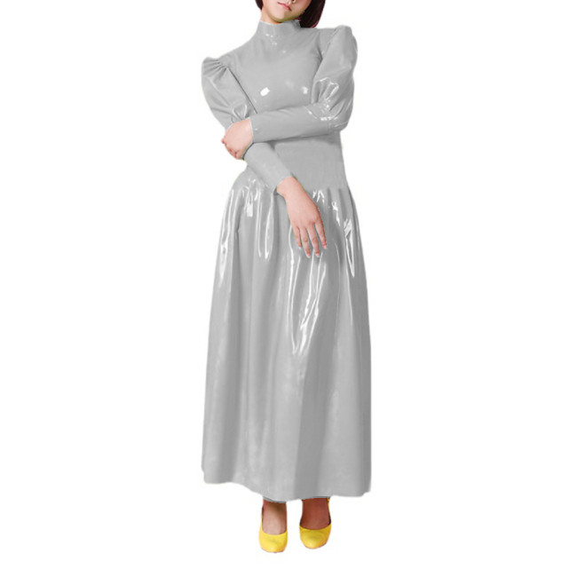 Wetlook PVC Full Sleeve Sheath Maxi Dress Half High Neck Puff Sleeve Flare Long Dress High Street Party Clubwear Vestidos S-7XL