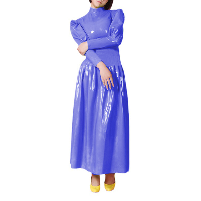 Wetlook PVC Full Sleeve Sheath Maxi Dress Half High Neck Puff Sleeve Flare Long Dress High Street Party Clubwear Vestidos S-7XL
