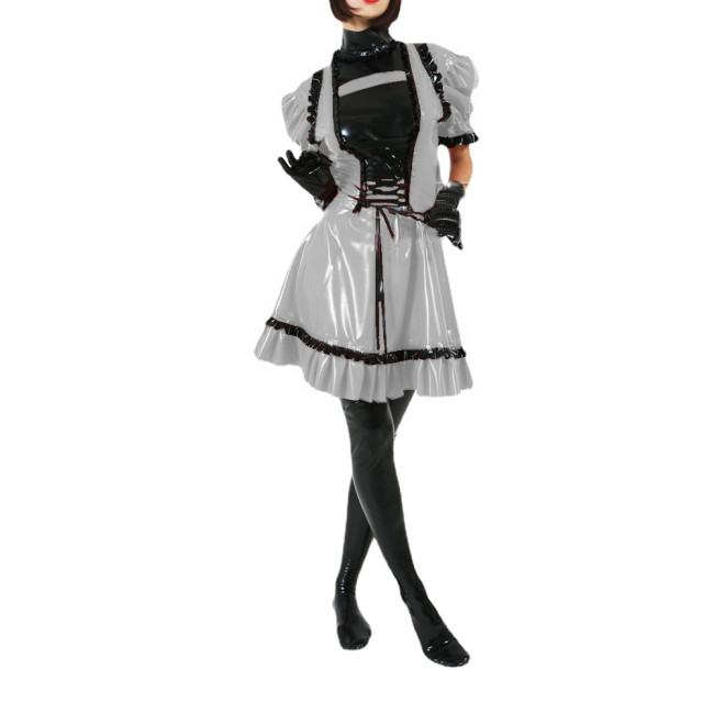 Women PVC Patchwork Short Sleeve Ruffles Mini Dress Faux Latex Puff Sleeve Lace-up Flare Dress High Street Party Sexy Club S-7XL