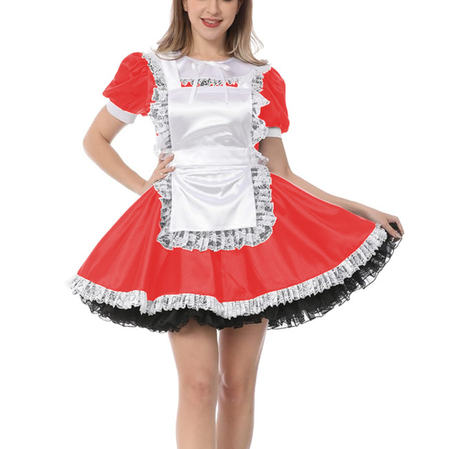 Sweet Satin Cosplay Maid Dresses Lolita Puff Short Sleeve O Neck Mini A-line Dress Sissy Lace Trims Apron French Maid Unifroms